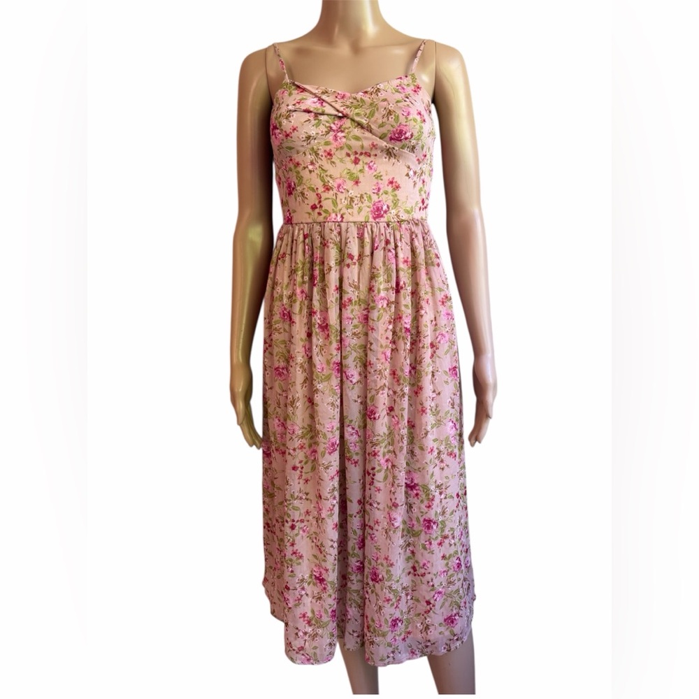 Zunie Pink Floral Midi Dress Size 12 NWT Adjustable Strap Cottagecore Sundress - Picture 2 of 8